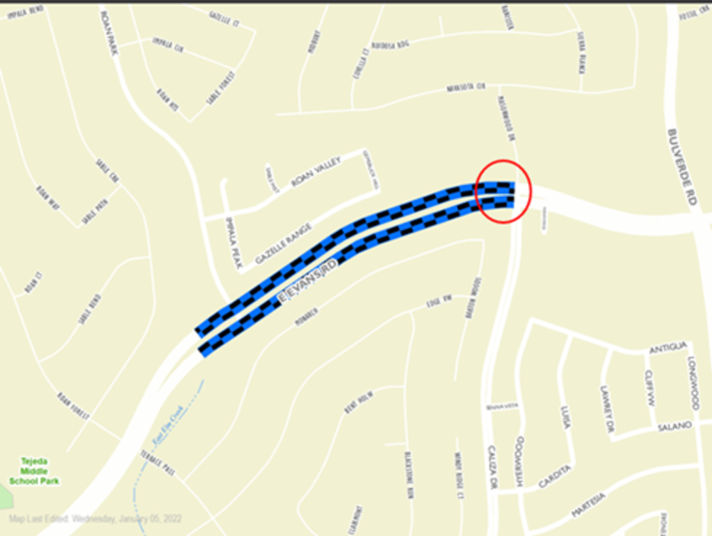 Mapa de East Evans Rd y Masonwood Dr con un círculo rojo para indicar la ubicación del proyecto.