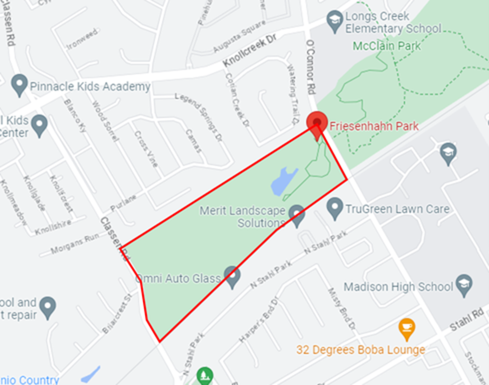 Esta foto muestra un mapa del parque Friesenhahn con un contorno rojo alrededor del perímetro del parque (15701 O'Connor Rd.).